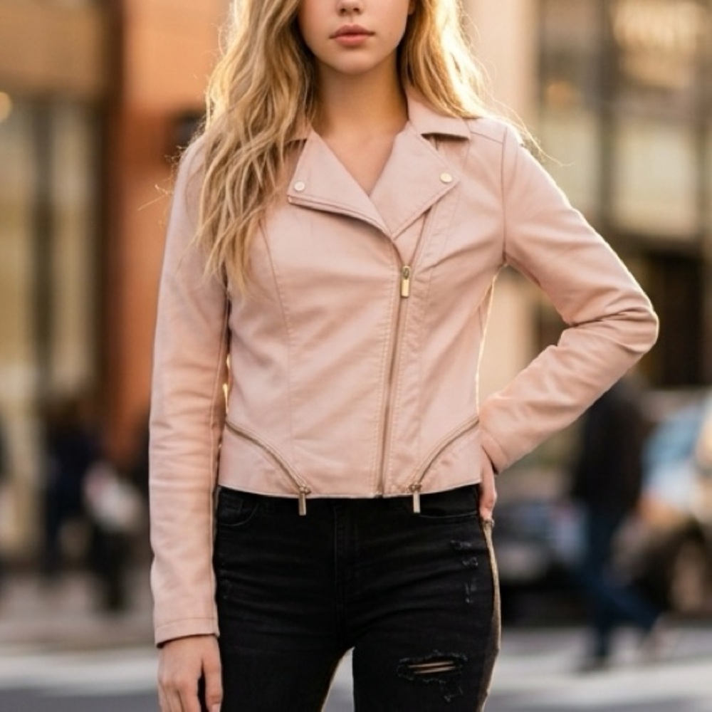 New Look Women's Pale Pink Faux Leather Jacket